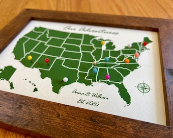 Personalized Push Pin US Travel Map – Framed Canvas, Anniversary Gift