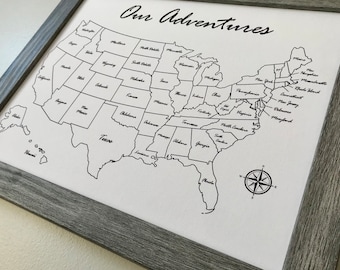 USA Travel Map, Push Pin Cotton Canvas, Second Anniversary Gift