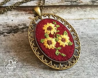 Burgundy Red with Sunflower Embroidery Necklace, Hand Embroidered Pendant / READY TO SHIP