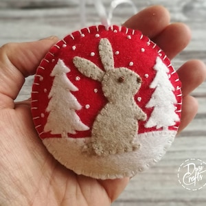 Wool Felt Christmas Bunny ornament, Rabbit ornament with / possible personalization on the back Red / beige bunny