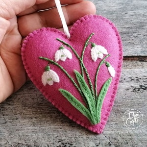 Pink Felt Heart ornament with Snowdrops, Spring Snowbell Flowers Mothers day decor / MADE TO ORDER