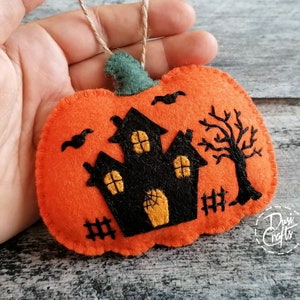 LIMITED - Wider Halloween Pumpkin ornament with Haunted House and Tree motif, Wool Felt Fall decorations