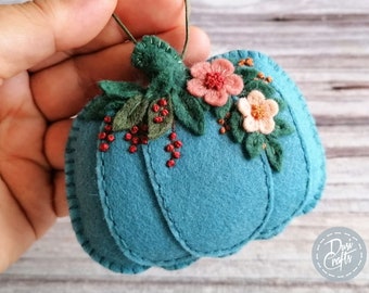 Wool felt Fall Pink and Blue Pumpkin ornaments with flowers, Handmade pumpkin Thanksgiving decor / OOAK