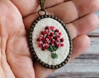 Red and Pink Embroidery Necklace, Hand  Necklace, Red Floral Bouquet Pendant / READY TO SHIP