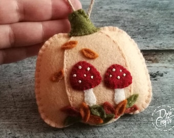 Pumpkin ornament with Mushrooms and colorful leaves, Toadstool Fall decorations, Autumn decor, Wool Felt  ornament