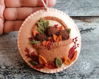 Wool Felt Fall Harvest ornaments with Basket filled with porcini mushrooms, Hanging Fall tree ornaments for Farmhouse fall decor