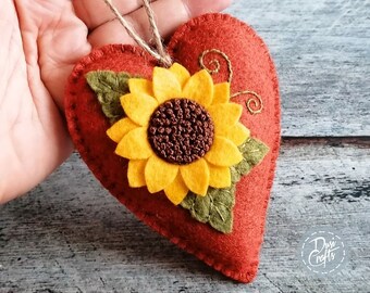 Felt Burgundy Red Sunflower Heart ornament, Rustic Country Home Decorations, Fall Sunflower Decor / READY to SHIP