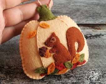 Pumpkin ornament with Squirrel and colorful leaves, Fall decorations, Autumn decor, Wool Felt  ornament - 1 ornament