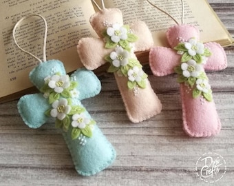 Wool felt Cross ornament with flowers, Resurrection Cross, White Floral Easter cross / MADE TO ORDER