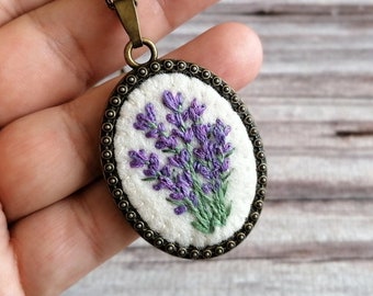 Lavender Embroidered Necklace, Lavender Pendant, Floral Necklace for women, Flower Necklace, Lavender wedding, Botanical gift for grandma