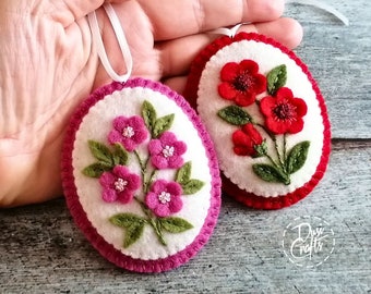 Vilt ovale bloemenornamenten met rode of magenta bloemen, paasdecor met lentebloem, cadeau-idee voor Moederdag