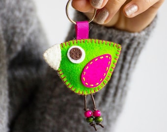 Colorful Bird keychain - Wool Felt Pink and Green keychain