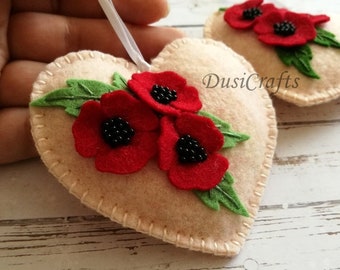 Red Floral Heart ornament with Poppies, Remembrance Day Gift, Gift for Mom, Poppy decor, Felt Valentine decor