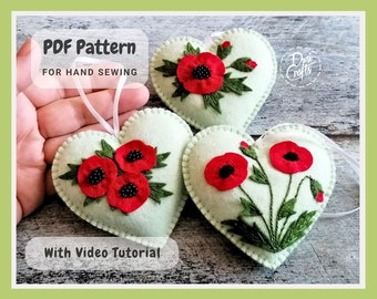 Adornos de corazón de amapola floral de fieltro PDF Tutorial & Patrón para coser a mano / Descarga instantánea DIGITAL / Incluye instrucciones en video