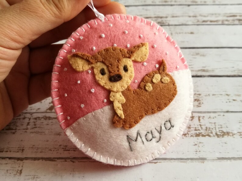 Baby deer ornament Wool felt Deer ornaments with Embroidered Name Fawn ornament Personalized Christmas ornament