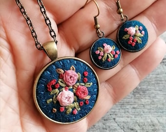 Hand Embroidered Necklace and Earrings, Pink Floral Rose Pendant, Dark Teal Blue Embroidery Necklace
