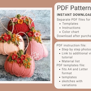 Felt Pumpkin ornaments PDF Tutorial & Pattern for Hand Sewing / Swirls and Flowers / DIGITAL Instant Download image 2