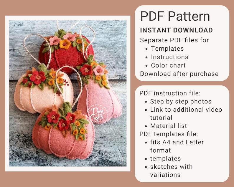Felt Pumpkin ornaments PDF Tutorial & Pattern for Hand Sewing / Swirls and Flowers / DIGITAL Instant Download image 2