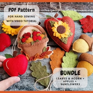 May include: A bundle of felt ornaments for hand sewing, including leaves, acorns, apples, and sunflowers. The PDF pattern includes a video tutorial.