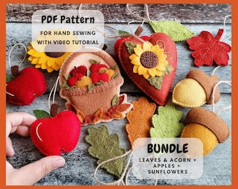 BUNDLE of Felt Fall Harvest ornaments PDF Tutorial & Pattern for Hand Sewing / DIGITAL Instant Download / Sunflowers, Apples, Acorns, Leaves