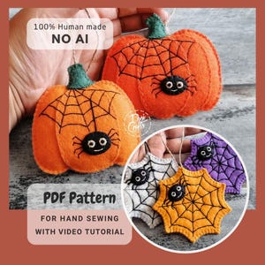 May include: Two orange felt pumpkin ornaments with green stems, black spiderweb embroidery, and small black spiders. An inset shows three additional felt ornaments in white, orange, and purple, each featuring a black spiderweb and a small black spider.