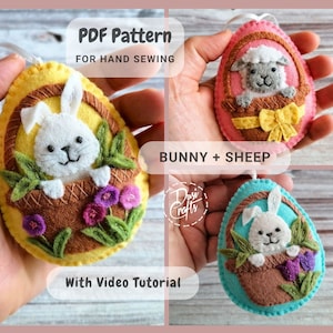 Ornements d'oeufs en feutre avec lapin et mouton dans un panier de Pâques, tutoriel PDF et patron pour la couture à la main / Téléchargement instantané numérique