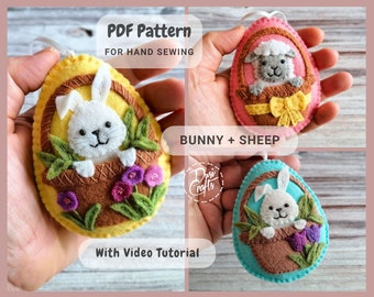 Felt Egg ornaments with Bunny and Sheep in Easter basket, PDF Tutorial & Pattern for Hand Sewing / DIGITAL Instant Download