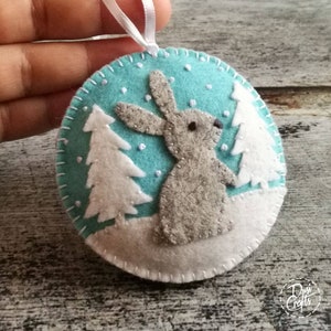 Wool Felt Christmas Bunny ornament, Rabbit ornament with / possible personalization on the back Aqua blue/Grey bunny