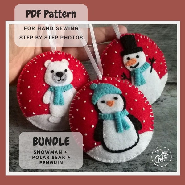 Penguin, Polar Bear, Snowman Christmas ornament PDF Tutorial & Pattern for Hand Sewing / BUNDLE / DIGITAL Instant Download