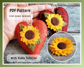 Felt Sunflower Heart ornaments PDF Tutorial & Pattern for Hand Sewing / DIGITAL Instant Download / Includes video instructions