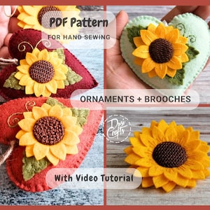 PDF Pattern for Felt Sunflower Heart ornaments, Hand Sewing Tutorial/ DIGITAL Instant Download / Includes video instructions image 1