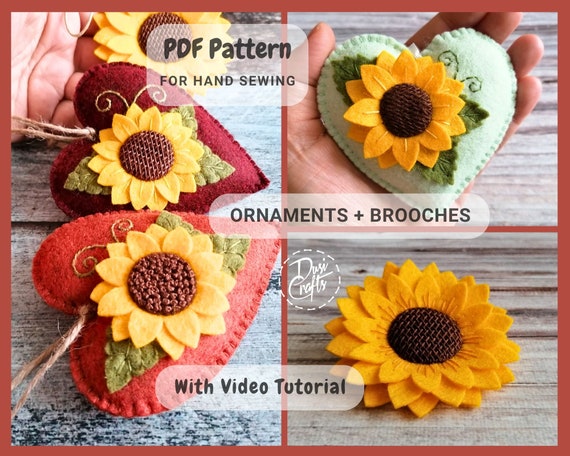 PDF Pattern for Felt Sunflower Heart ornaments, Hand Sewing Tutorial/ DIGITAL Instant Download / Includes video instructions