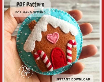 Gingerbread house Christmas ornament PDF Tutorial & Pattern for Hand Sewing / Three design variations / DIGITAL Instant Download
