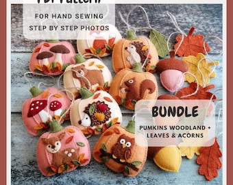 Puede incluir: Una colección de adornos de fieltro con animales del bosque, setas, calabazas, hojas y bellotas. El set incluye un patrón PDF para coser a mano con fotos paso a paso. El paquete está etiquetado como PUMPKINS WOODLAND + LEAVES & ACORNS.