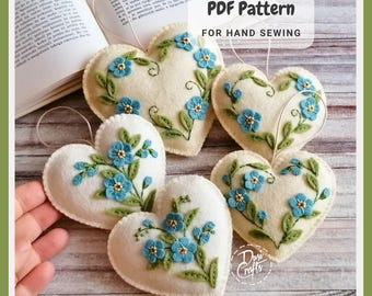 PDF Pattern for Felt Heart ornaments with Forget me not flowers Hand Sewing Tutorial/ DIGITAL Instant Download / with video instructions