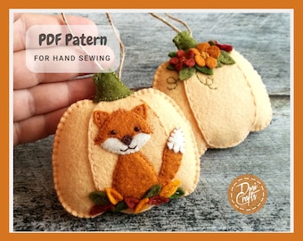 Felt Pumpkin ornaments PDF Tutorial & Pattern for Hand Sewing / Fox and Flowers motifs / DIGITAL Instant Download