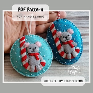 Felt Mouse on the candy cane Ornament PDF Tutorial & Pattern for Hand Sewing / DIGITAL Instant Download