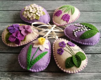 Felt Easter Eggs decor, Violet flowers, Lilac Easter decorations, Purple spring ornaments /set of 6 or 8 / MADE TO ORDER