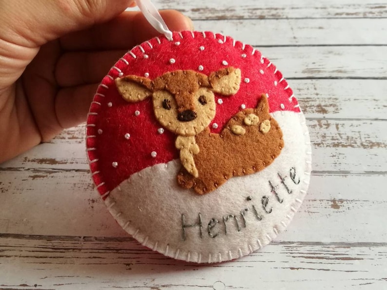 Baby deer ornament Wool felt Deer ornaments with Embroidered Name Fawn ornament Personalized Christmas ornament
