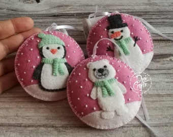 READY TO SHIP / Set of 3 Pink Felt Christmas ornaments, Christmas decorations, Snowman, Penguin and Polar bear Xmas ornaments
