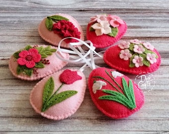 Felt Pink flowers Easter Eggs ornaments, Spring floral eggs for Easter decorations / set of 6 / MADE TO ORDER