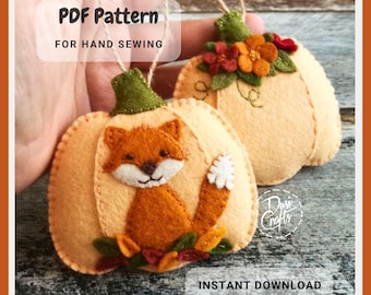 Felt Pumpkin ornaments PDF Tutorial & Pattern for Hand Sewing / Fox and Flowers motifs / DIGITAL Instant Download