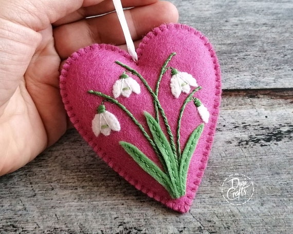 Pink Felt Heart ornament with Snowdrops, Spring Snowbell Flowers Mothers day decor / MADE TO ORDER