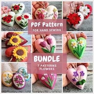 BUNDLE of 7 Felt Floral Heart ornaments PDF Tutorials & Patterns for Hand Sewing / DIGITAL Instant Download / Includes video instructions