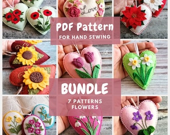 PAQUETE de 7 adornos florales de fieltro con forma de corazón. Tutoriales y patrones en PDF para coser a mano. Descarga instantánea digital. Incluye instrucciones en video.