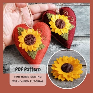 PDF Pattern for Felt Sunflower Heart ornaments, Hand Sewing Tutorial/ DIGITAL Instant Download / Includes video instructions image 9