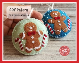 Gingerbread man with Candy cane Christmas ornament PDF Tutorial & Pattern for Hand Sewing / Two designs / DIGITAL Instant Download