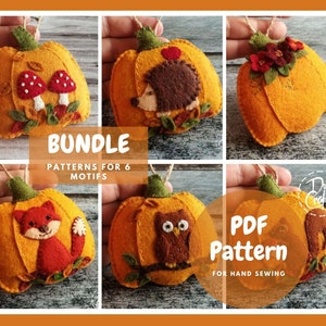 Pattern Bundle for Felt Pumpkin ornaments PDF Tutorial & Pattern for Hand Sewing / 3 Patterns / 6 Motifs / DIGITAL Instant Download