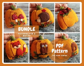 Pattern Bundle for Felt Pumpkin ornaments PDF Tutorial & Pattern for Hand Sewing / 3 Patterns / 6 Motifs / DIGITAL Instant Download
