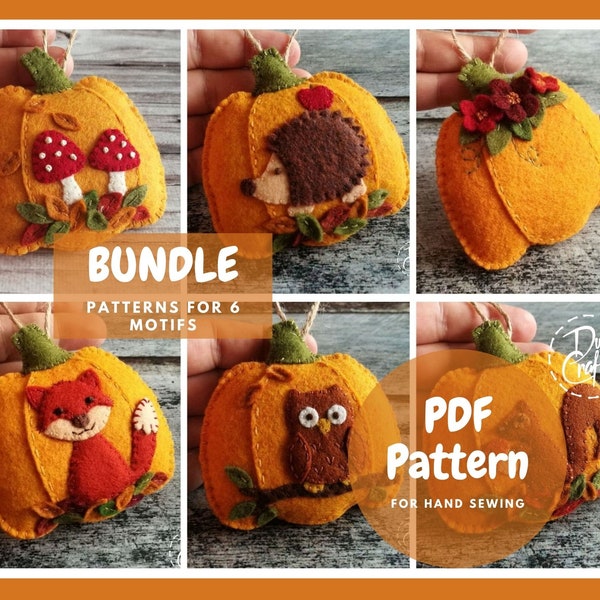 Pattern Bundle for Felt Pumpkin ornaments PDF Tutorial & Pattern for Hand Sewing / 3 Patterns / 6 Motifs / DIGITAL Instant Download